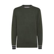 Mørk militærgrøn rund manchetstribet sweater