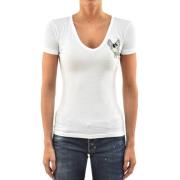Multifarvet Læder V-Hals T-Shirt til Kvinder med Swarovski Detaljer