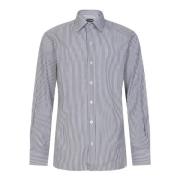 Hverdags t-Shirt, Hvid Bomuldsskjorte med Stribet Mønster og Spids Krave