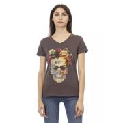 Brun Bomuld V-Hals T-Shirt med Frontprint