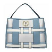 Blå Håndtaske med Multifarvet Geometrisk Mønster og Gyldent Metal P Logo