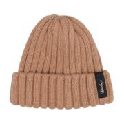 Ribbet Beige Cashmere Hat med Logo Plaque