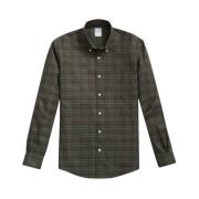 Grøn Non-Iron Stretch Supima Bomuld Skjorte med Button Down Krave og Tattersall Mønster