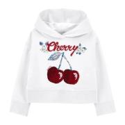 Hvid Cropped Sweater med Kirsebær Broderi