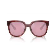 Firkantede solbriller med brun stribet stel og mørk rosa spejlede linser
