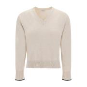 Beige Cashmere Sweater med V-Hals