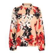 Bluse med smock-detaljer og blomsterprint