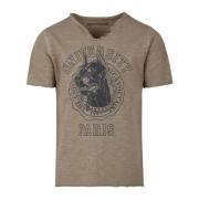 Brun V-Hals T-Shirt med Print