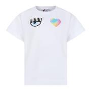 Hvid Bomuld T-Shirt med Flirtende Øjne og Multifarvet Hjerte