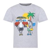 Grå Bomuld T-Shirt med Multifarvet Print