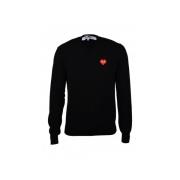 Sort Uld V-Hals Sweater med Rødt Hjerte Emblem