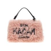 Pink Syntetisk Pels Tote Taske med Patent Logo og Harpiks Håndtag