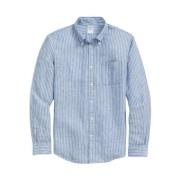 Blå Hvid Stribet Regular Fit Linned Sport Skjorte med Button Down Krave