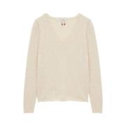 Beige V-Neck Jumper i Linned/Uld Blanding