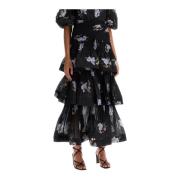 Blomstret Plisseret Ruffle Midi Nederdel