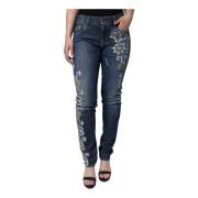 Blomstret Skinny Denim Jeans Mørkeblå