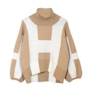 Beige Turtleneck Strik Sweater med H Print