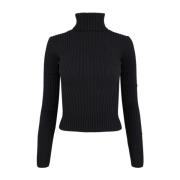 Sort Ribstrikket Rullekrave Sweater