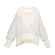 V-Neck Sweater Heavy Knitwear Tops Hvid