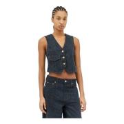 Fluffy Denim Vest med Guld-tone Knapper