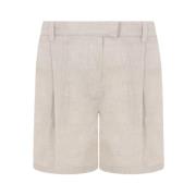 Beige Linned Shorts med Elastik i Taljen