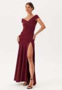 Goddiva Bardot Pleat Maxi Split Dress Wine-red L (UK14)