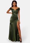 Goddiva Satin Bardot Pleat Maxi With Split Olive XL (UK16)