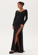 Goddiva Long Sleeve Bardot Pleat Maxi With Split Black XS (UK8)