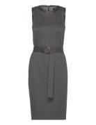 Faux-Leather-Trim Belted Jacquard Dress Knælang Kjole Grey Lauren Ralph Lauren