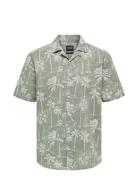 Onscaiden Ss Reg Hawaii Aop Linen Noos Tops Shirts Short-sleeved Khaki Green ONLY & SONS