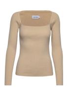 Rib Square-Neck Sweater Ls Tops T-shirts & Tops Long-sleeved Beige Calvin Klein