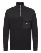 Tjm Reg Mix Fabric Tech Sweater Tops Knitwear Half Zip Jumpers Black Tommy Jeans