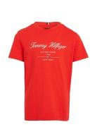 Tommy Script Tee S/S Tops T-Kortærmet Skjorte Red Tommy Hilfiger