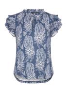 Floral Linen-Blend Jersey Tie-Neck Top Tops T-shirts & Tops Short-sleeved Blue Lauren Ralph Lauren