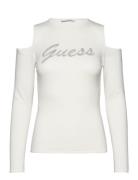 Ls Cold Shldr Guess Logo Swtr Tops T-shirts & Tops Long-sleeved White GUESS Jeans