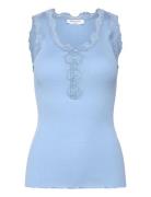 Silk Top W/ Button & Lace Tops T-shirts & Tops Sleeveless Blue Rosemunde