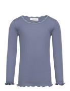 Silk T-Shirt W/ Lace Tops T-shirts Long-sleeved T-Skjorte Blue Rosemunde Kids