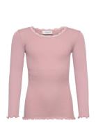 Silk T-Shirt W/ Lace Tops T-shirts Long-sleeved T-Skjorte Pink Rosemunde Kids
