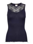 Silk Top Regular W/ Lace Tops T-shirts & Tops Sleeveless Navy Rosemunde