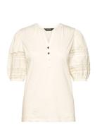 Lace-Trim Jersey Puff-Sleeve Henley Tee Tops Blouses Short-sleeved Cream Lauren Ralph Lauren