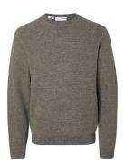 Slhross Ls Knit Structure Crew Neck Noos Tops Knitwear Round Necks Grey Selected Homme