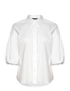 Cotton-Blend Bubble-Sleeve Shirt Tops Blouses Short-sleeved White Lauren Ralph Lauren