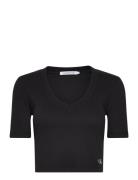 Woven Label Rib V-Neck Tee Tops Crop Tops Short-sleeved Crop Tops Black Calvin Klein Jeans