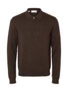 Slhberg Ls Half Zip Polo Noos Tops Knitwear Half Zip Jumpers Brown Selected Homme