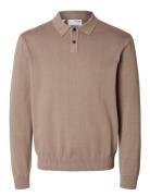 Slhreg-Kris Knit Ls Polo Tops Knitwear Long Sleeve Knitted Polos Beige Selected Homme