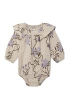 Tree Of Life Seersucker Ls Romper Bodies Long-sleeved Beige Garbo&Friends