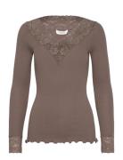 Organic T-Shirt W/ Lace Tops T-shirts & Tops Long-sleeved Brown Rosemunde