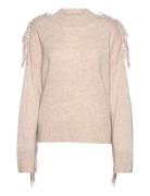 Boxy O-Neck Sweater Fringes Tops Knitwear Jumpers Beige Davida Cashmere