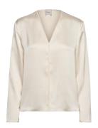 Hammered Satin V Neck Ls Blouse Tops Blouses Long-sleeved Cream Calvin Klein