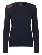 Faux-Leather-Trim Cotton-Blend Sweater Tops Knitwear Jumpers Navy Lauren Ralph Lauren